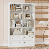 FINETONES 71" Tall Bookshelf with 4 Drawers, 6-Tier Double Wide Bookshelf and Bookcase with Storage, White Bookshelf Large Open Bookshelf Standing Book Cabinet for Home Office, White FINETONES