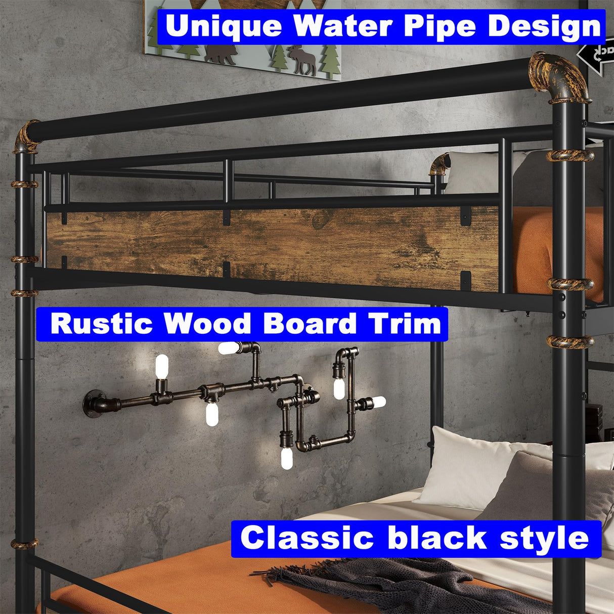 LEEKOUS Upgraded Version Thicken Metal Full XL Over Queen Bunk Bed, Best Industrial Style Heavy Duty Full Over Queen Size Bunk Bed, Convertible into 2 Beds Wood Board, Water Pipe Design for Adults LEEKOUS