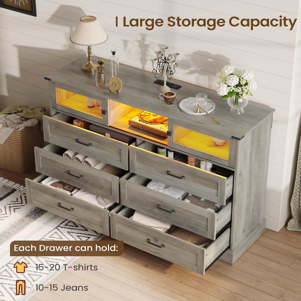 DICTAC Farmhouse 6 Drawers Dresser with Charging Station, LED Dresser with 2 Sliding Doors, Wood Wide Chest of Drawers, Storage Dressers Organizer for Bedroom, Living Room, Rustic Oak DICTAC