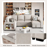 Merax 109" Large Sectional Sleeper Sofa with Pull Out Bed, Storage Chaise/Shelf & USB Ports, Light Grey Oversized 5 Seat U-Shaped Couch Set, Convertible Sofabed for Living Room and Apartment, Beige Merax