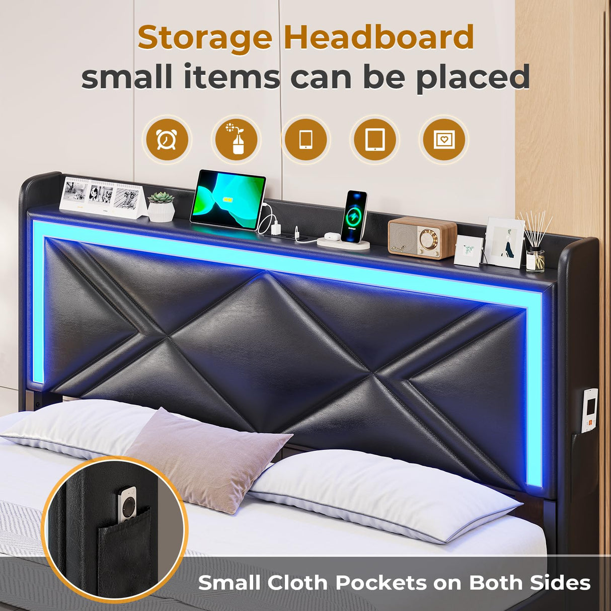 HAUOMS Queen Size Upholstered LED Bed Frame with Storage Headboard and 4 Drawers in PU Black HAUOMS