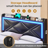 HAUOMS Queen Size Upholstered LED Bed Frame with Storage Headboard and 4 Drawers in PU Black HAUOMS