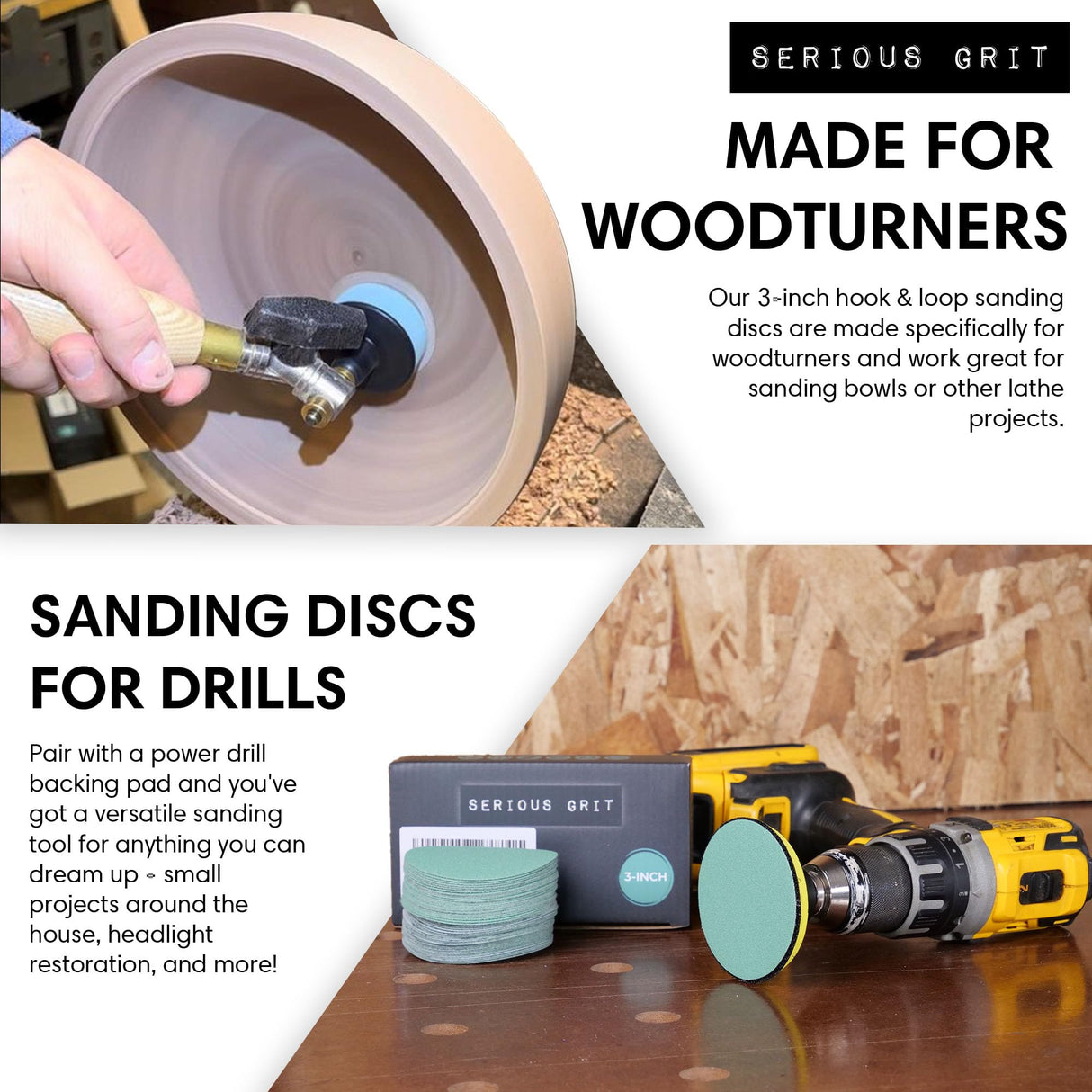 Serious Grit - 3-Inch 400 Grit Sanding Discs - Heavy-Duty Hook & Loop Film Discs - Sandpaper for Woodturning, Bowl Sanding & Power Tool Drill Attachment Sanding Pads - Pack of 50 Serious Grit