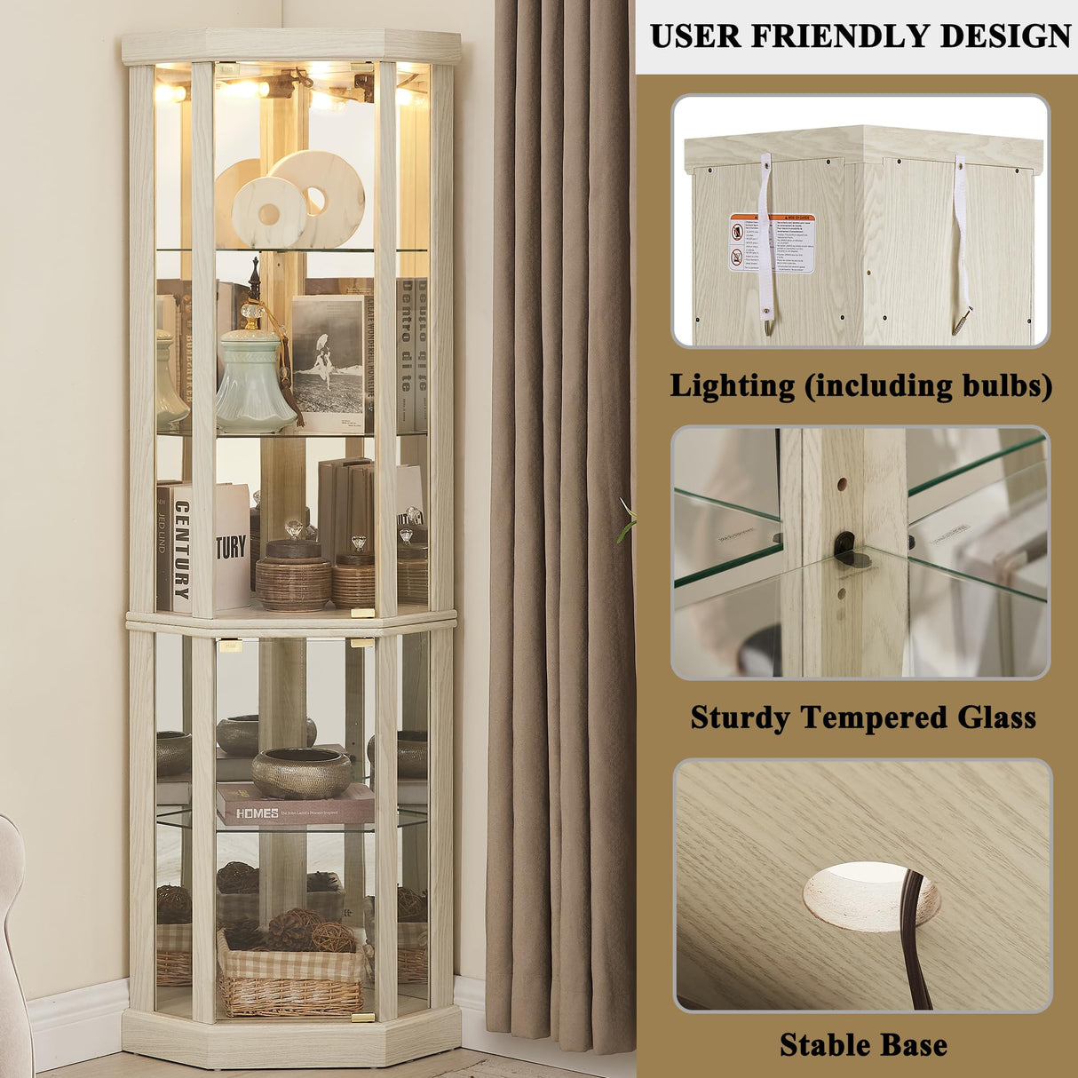 TRJQBCC 69" H Lighted Corner Display Cabinet, Curio Corner Glass Cabinet w/Adjustable Shelves & Glass Door, 5-Tier Wooden Storage Display Case w/Mirrored Back Pane for Living Room (Antique White) TRJQBCC