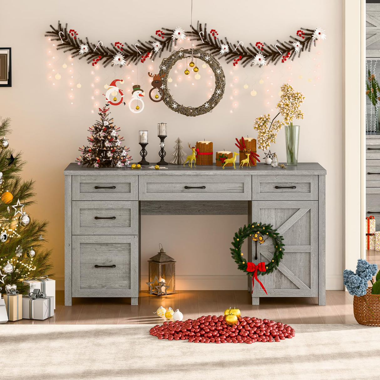 Farmhouse 61'' Executive Desk with 5 Drawers, Rustic Office Desk Computer Desk with Charging Station, File Drawers and Storage Cabinet, Wood Workstation for Home Office and Study, Gray Halitaa