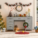 Farmhouse 61'' Executive Desk with 5 Drawers, Rustic Office Desk Computer Desk with Charging Station, File Drawers and Storage Cabinet, Wood Workstation for Home Office and Study, Gray Halitaa