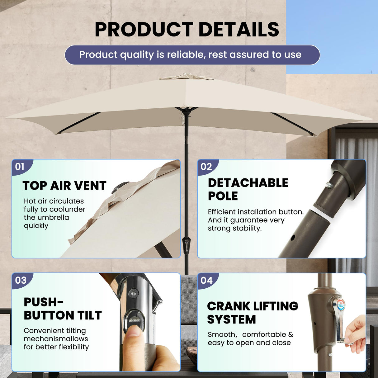 Ayge 6.5x10FT Rectangular Patio Umbrella Outdoor Table Umbrella w/Push Button Tilt & Crank Rectangle Market Umbrella UV Protection for Garden,Deck,Lawn,Yard & Pool,Beige Ayge