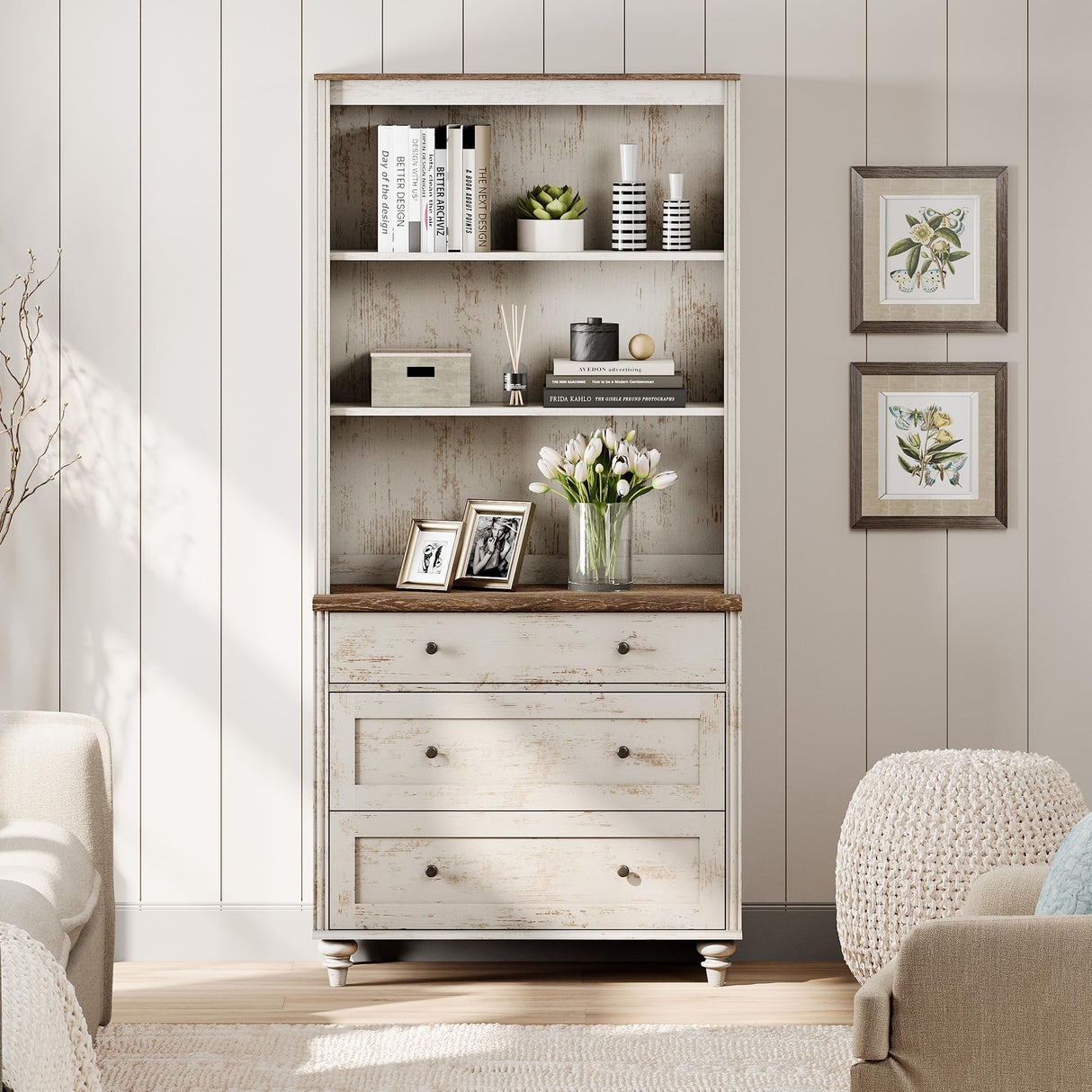 WAMPAT 3 Tier Bookshelf with 3 Drawers, 72" Tall Bookcase Large Farmhouse Display Book Case Shelf with 3-Tier Open Book Shelfs，Library Wood Bookshelves for Living Room,Kitchen, Rustic White WAMPAT