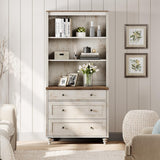WAMPAT 3 Tier Bookshelf with 3 Drawers, 72" Tall Bookcase Large Farmhouse Display Book Case Shelf with 3-Tier Open Book Shelfs，Library Wood Bookshelves for Living Room,Kitchen, Rustic White WAMPAT