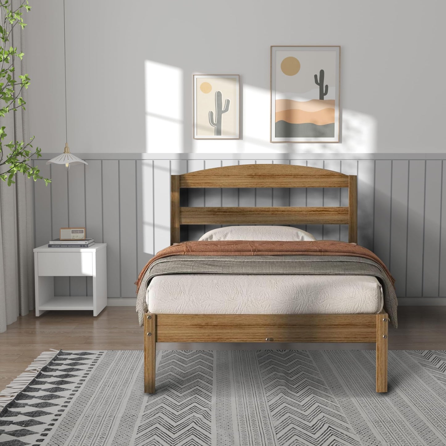 KYLE & KAY Twin Bed Frame with Wooden Headboard, Solid Pine Platform Bed with Wood Slat Support, Farmhouse Bed for Bedroom, Guest Room, No Box Spring Needed, Easy Assembly, Oak - WoodArtSupply