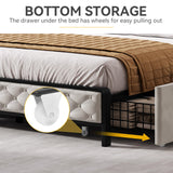 DWVO Queen Size Storage Bed Frame with 4-Drawer, Upholstered Platform Bed Frame with USB Charging Ports & Bookcase Headboard, Simple Setup, No Requirement for Box Spring (Beige) DWVO