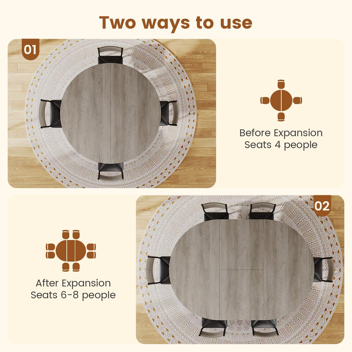 Itaar Round Extendable Dining Table Set for 4-6 People, 5-Piece Kitchen Table Set with 4 Cushion Chairs, Dining Room Table for 6 with MDF Board & Metal Frame for Small Space, Easy Clean, Rustic Grey Itaar