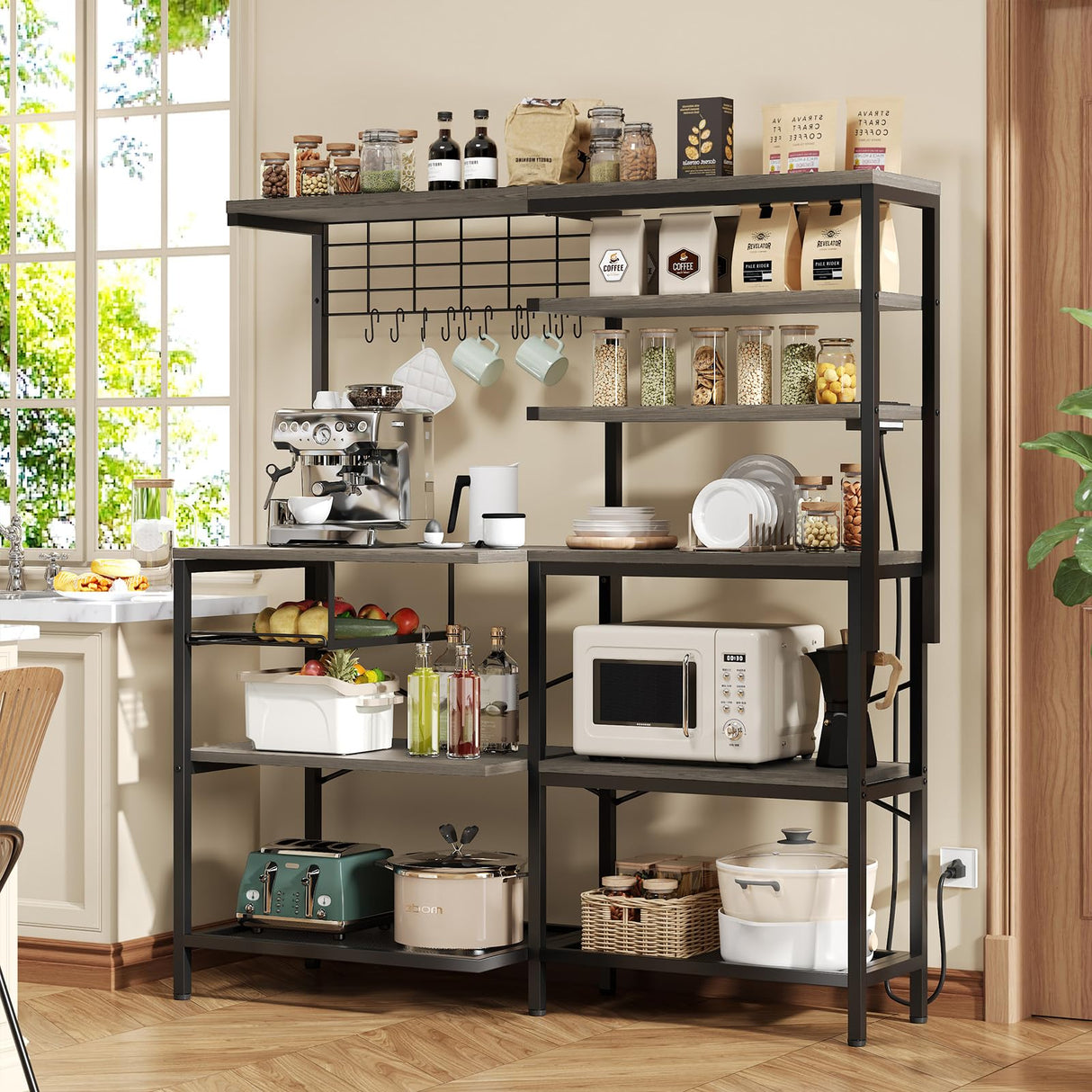 iabifo L-Shaped Bakers Rack with Power Outlet, 6-Tier Microwave Stand with Storage, Coffee Bar, Kitchen Shelf with Wire Basket, Hooks, Grey iabifo