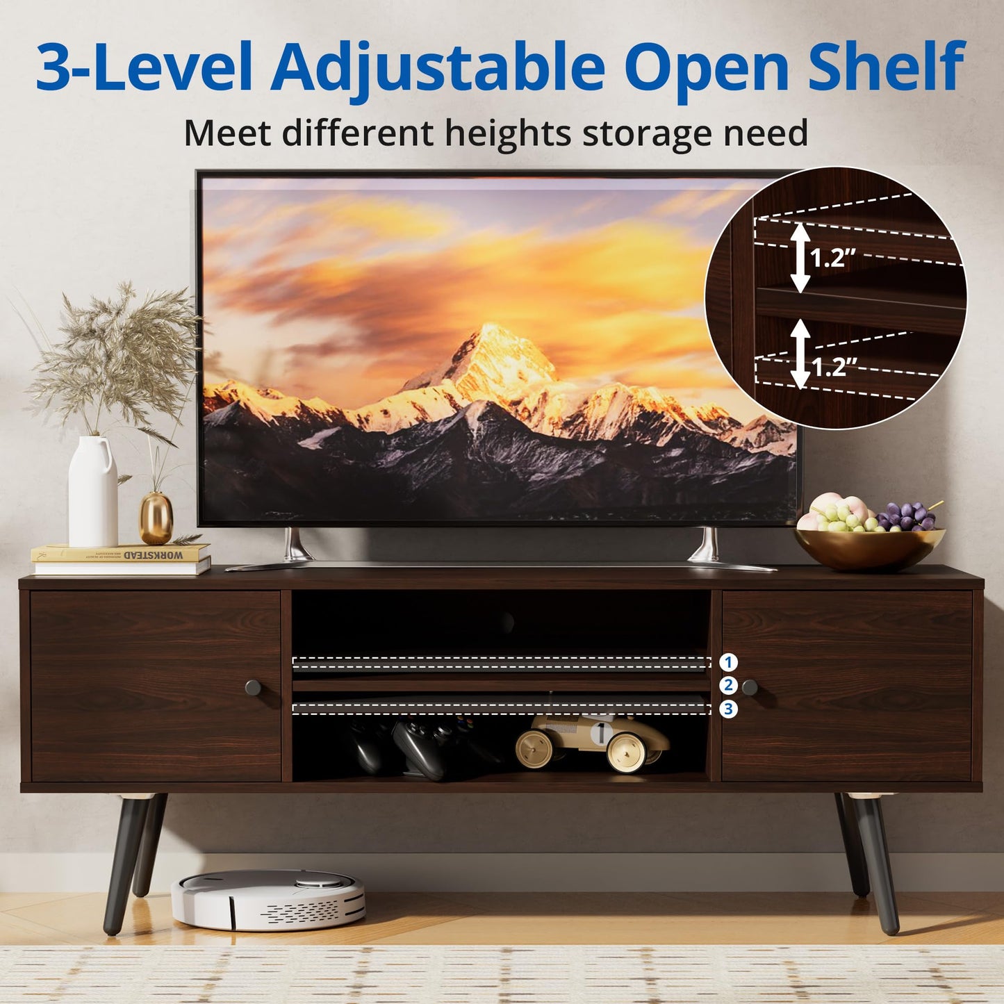 Cozy Castle Modern TV Stand for 55/60 inch TV, Entertainment Center with Adjustable Shelf and Storage Cabinets, TV Media Console for Living Room, Bedroom and Office, Brown