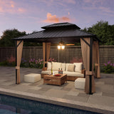 SOLUMIA 10’x12’ Hardtop Gazebo, Galvanized Steel Double Roof Canopy with Aluminum Frame, Outdoor Pavilion with Nettings and Curtains SOLUMIA