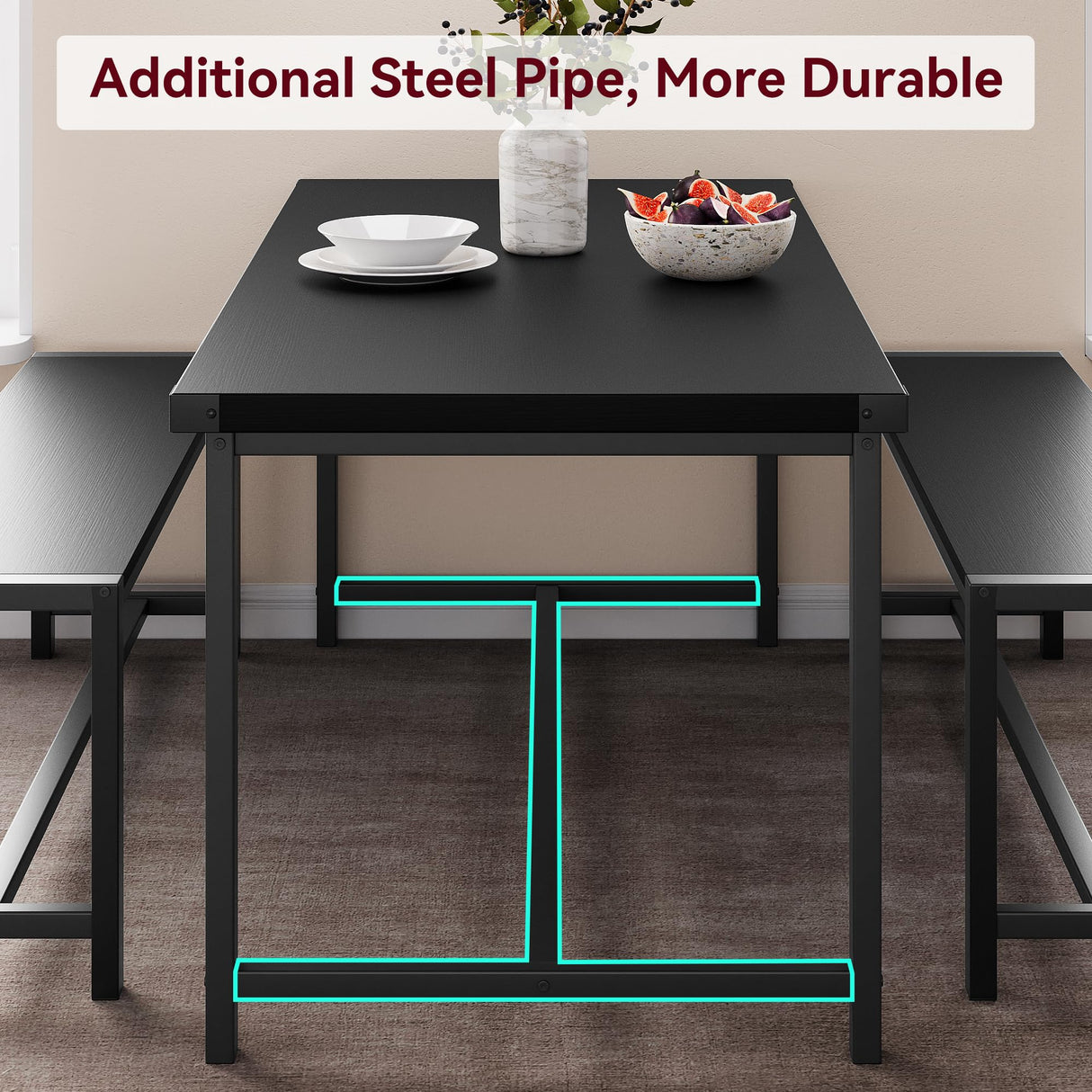 IDEALHOUSE Dining Table Set for 4, Kitchen Table with Benches, Rectangular Dining Room Table Set with 2 Metal Wood Benches, 3 Piece Dining Table Set for Small Space, Apartment, Dinette, Retro Black IDEALHOUSE