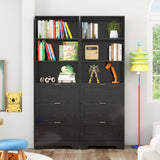 FTZxHKLX Modern Black Bookshelves and Bookcases with Drawers, 6 Tier Tall Bookshelf with Drawers, Industrial Wood Bookcase, Floor Standing Display Case with Storage,Living Room,Office FTZxHKLX