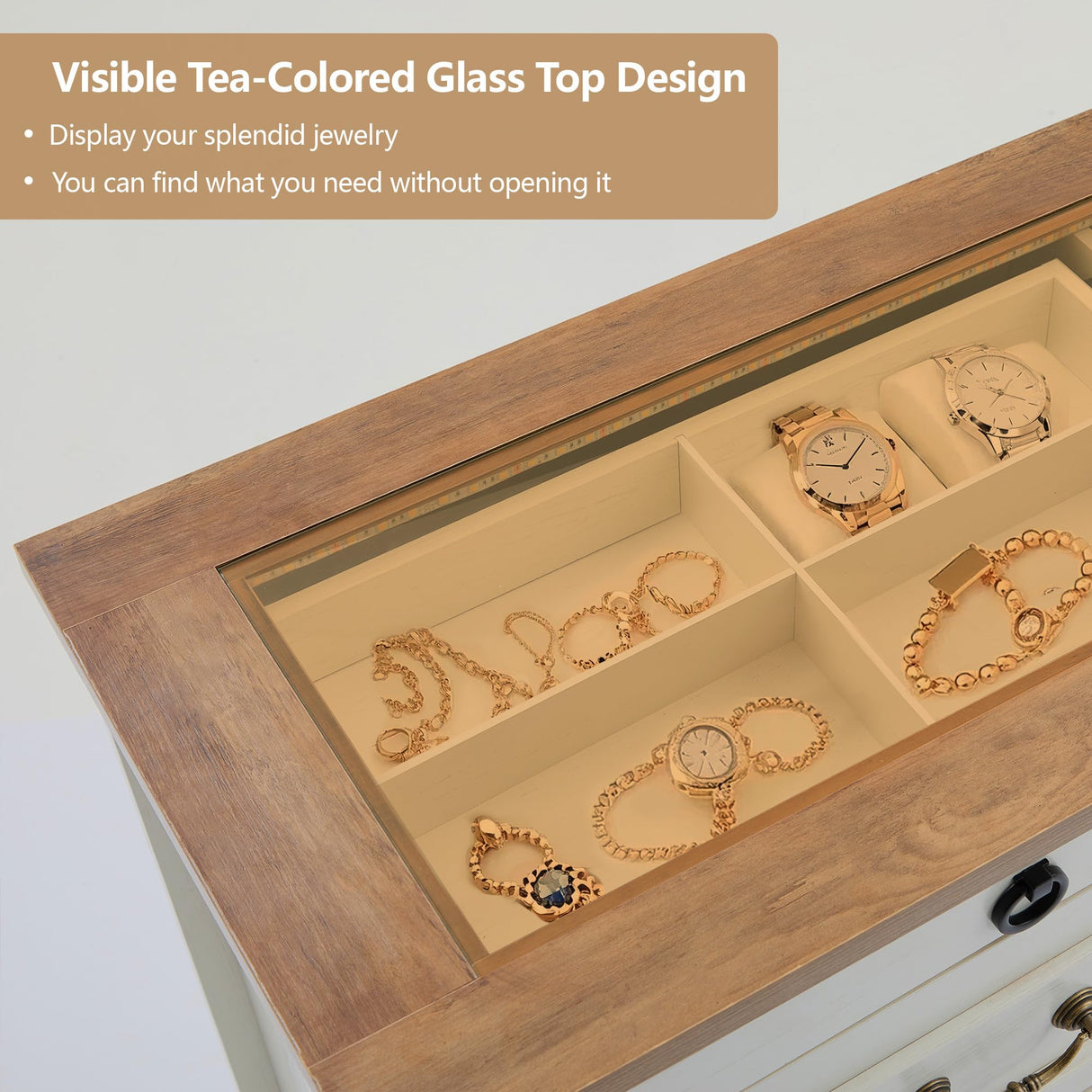 Tltaroni Farmhouse 8 Drawer Dressers, Wooden Chest of Drawers with Glass Top LED Light Charging Station Human Sensor Storage Organizer for Living Room Bedroom and Hallway, Antique White Tltaroni