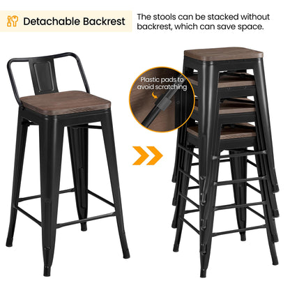 Yaheetech 26 inch Low Back Metal Bar Stools Set of 4 Counter Height Barstools with Wooden Seat Industrial Counter Stool Bar Chairs for Home Kitchen Black