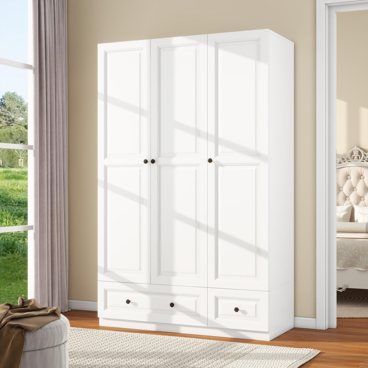 LABROSKIA White Wardrobe Closet with 3 Doors: 74" Bedroom Armoire Wardrobe Closet with 2 Drawers, Wooden Cabinet with Hanging Rod, Modern Armoire Closets with Shelves (White, 47") LABROSKIA