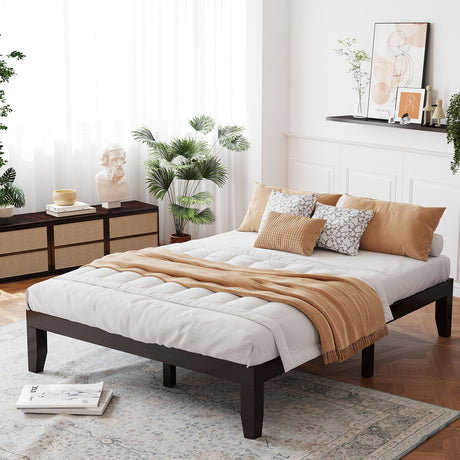 Giantex Queen Wood Platform Bed Frame, 14 Inch Solid Rubber Wood Mattress Foundation, Heavy Duty Wood Slats Support, No Box Spring Needed, Easy Assembly, Espresso Giantex