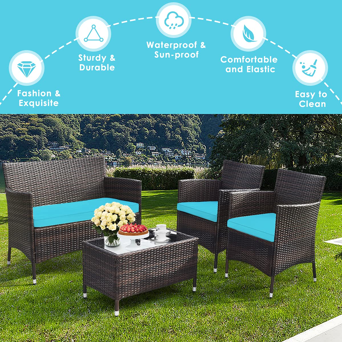 Goplus 4-Piece Rattan Patio Set, Outdoor/Indoor Wicker Conversation Set for Pool, Backyard, Lawn, Wicker Chairs and Sofa with Soft Cushion, Rattan Furniture with Tempered Glass Coffee Table Goplus