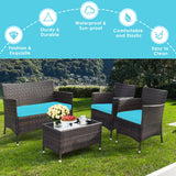 Goplus 4-Piece Rattan Patio Set, Outdoor/Indoor Wicker Conversation Set for Pool, Backyard, Lawn, Wicker Chairs and Sofa with Soft Cushion, Rattan Furniture with Tempered Glass Coffee Table Goplus