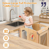 JUZBOT Toddler Tower, Foldable Toddler Kitchen Stool Helper with 2 Step Stool, Wooden Toddler Stool with Safety Net, Adjustable Height, Chalk-Whiteboard& Montessori Activity Games JUZBOT