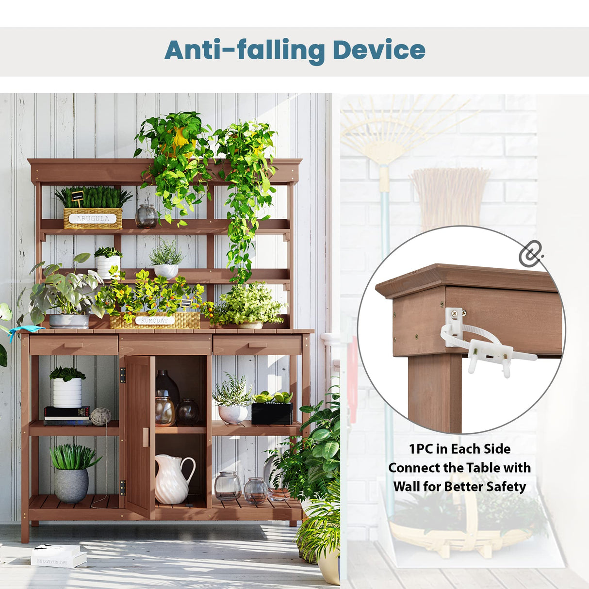 66" Large Outdoor Farmhouse Wooden Potting Bench Table, Garden Workstation with 2 Drawers, Cabinet and Open Shelves for Backyard, Mudroom (Brown-@16) Tdewlye