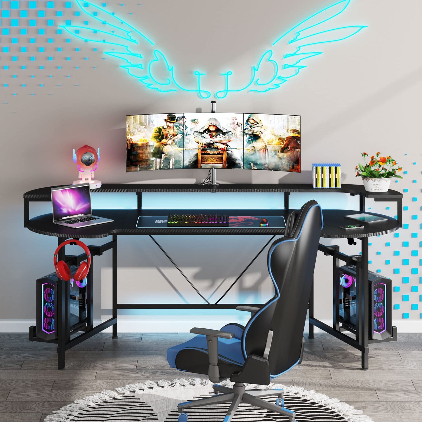 Tribesigns 75 Inch Gaming Desk with Monitor Shelf, Large PC Computer Desk with LED Lights, Gaming Table Gamer Desk for Bedroom, Home Office, Black