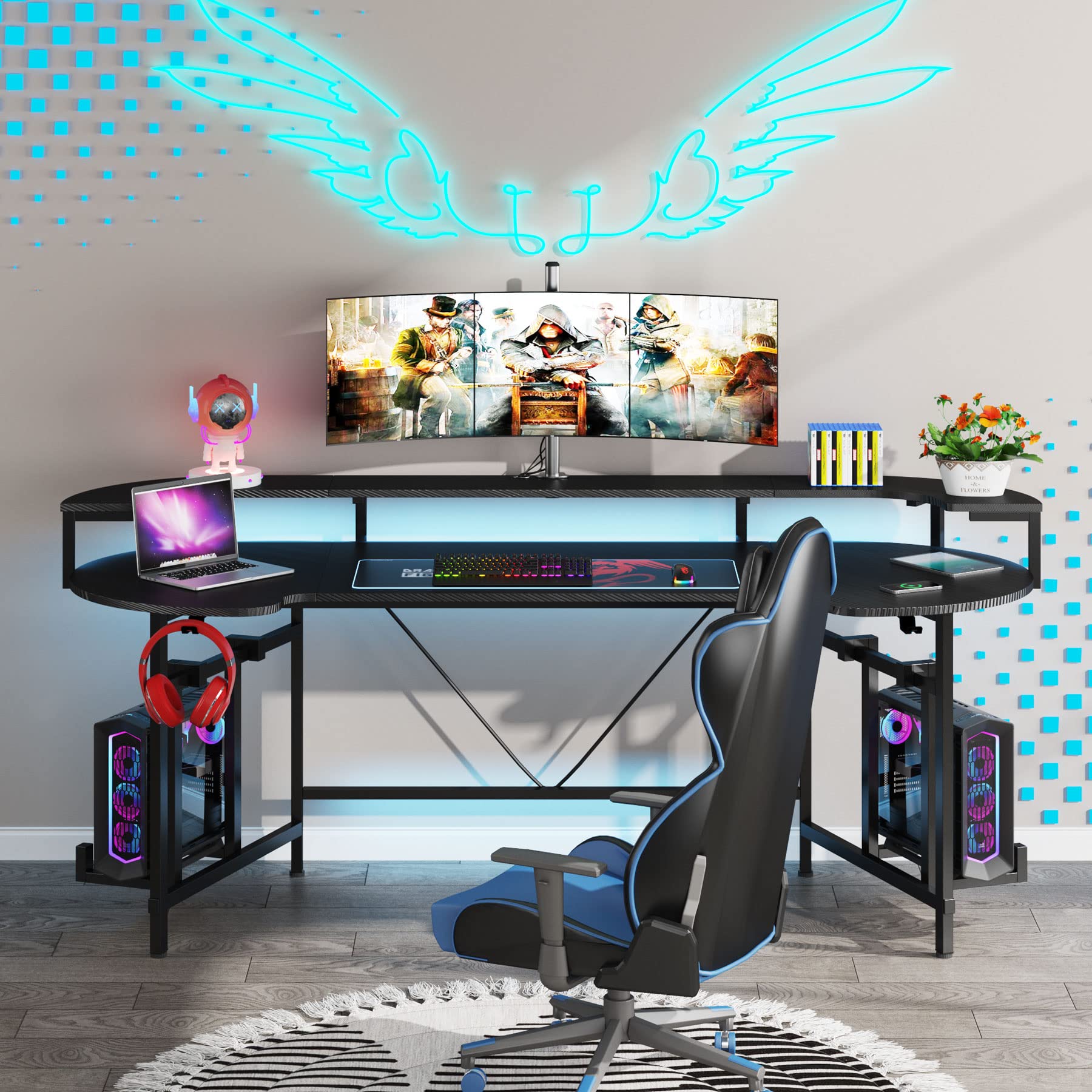 Tribesigns 75 Inch Gaming Desk with Monitor Shelf, Large PC Computer Desk with LED Lights, Gaming Table Gamer Desk for Bedroom, Home Office, Black - WoodArtSupply