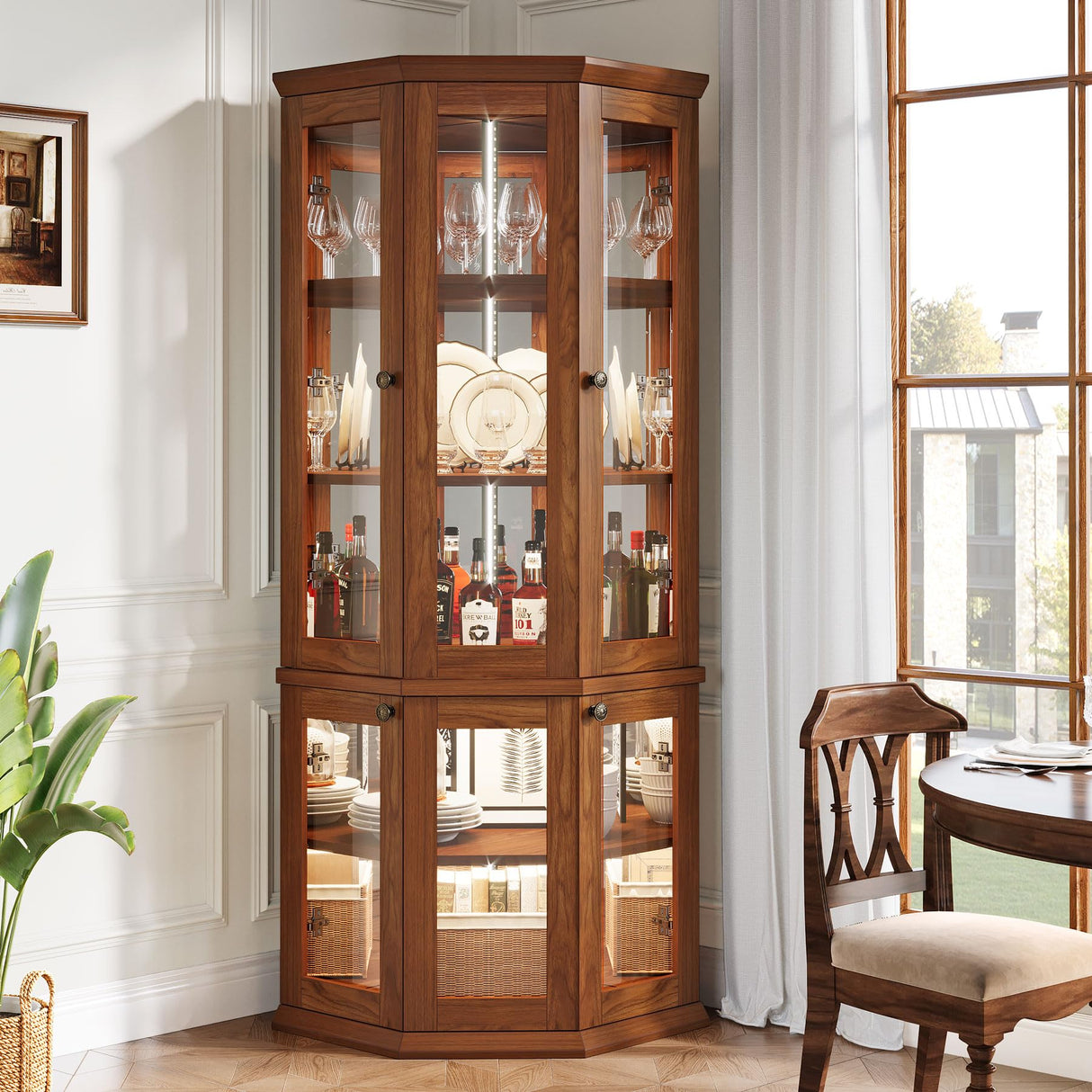 Tribesigns Corner Storage Cabinet, 71" Tall Corner Cabinet with Doors & LED Lights, 5-Tier Mid-Century Display Shelf for Living Room, Kitchen, Walnut Tribesigns