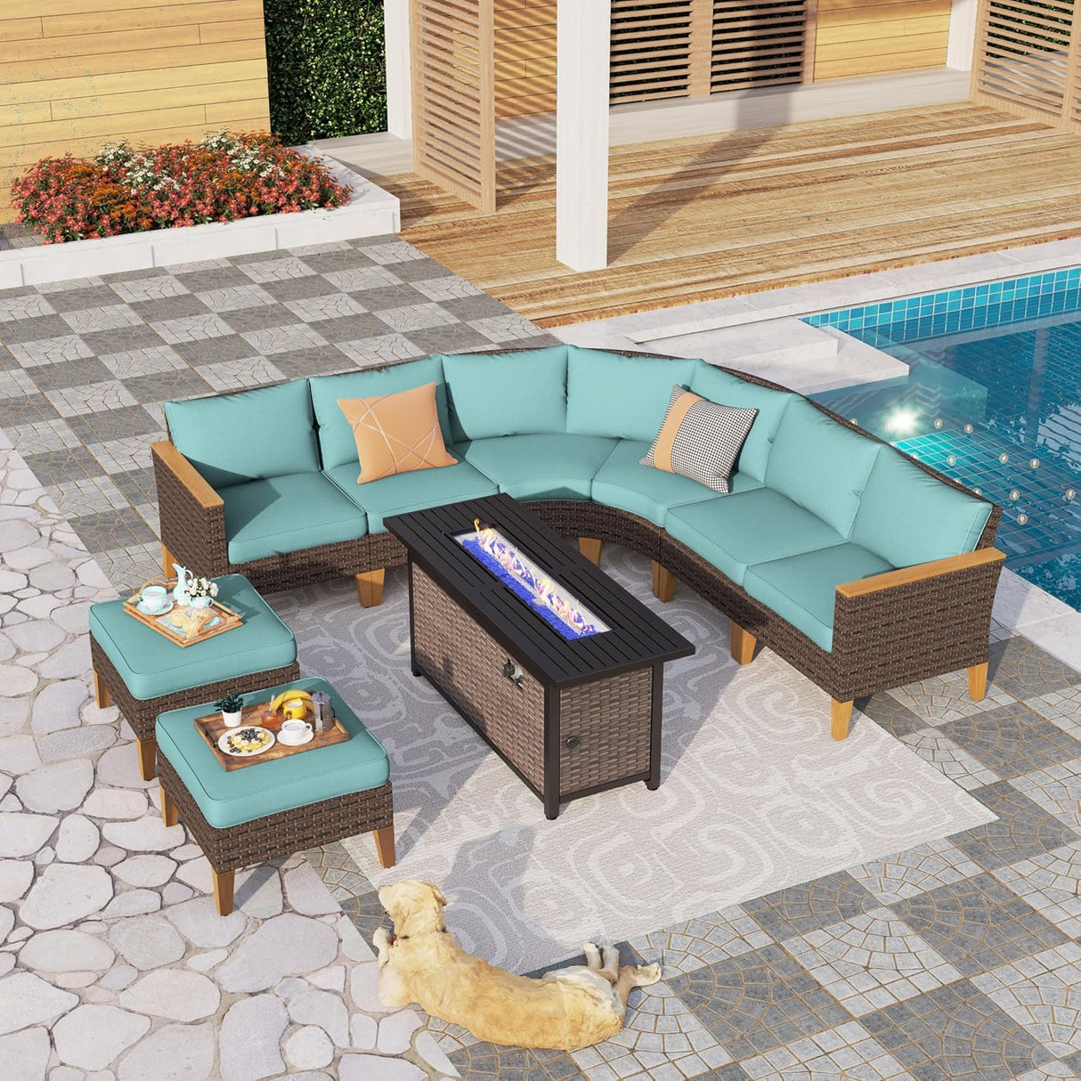 PHI VILLA 8-Piece Curved Patio Furniture Set with Fire Pit Table, Outdoor Wicker Half-Moon Sectional Sofa with Cushions, 56” Gas Fire Pit Table and Ottomans, Aqua Blue PHI VILLA
