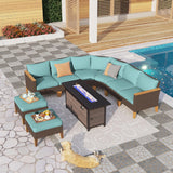 PHI VILLA 8-Piece Curved Patio Furniture Set with Fire Pit Table, Outdoor Wicker Half-Moon Sectional Sofa with Cushions, 56” Gas Fire Pit Table and Ottomans, Aqua Blue PHI VILLA