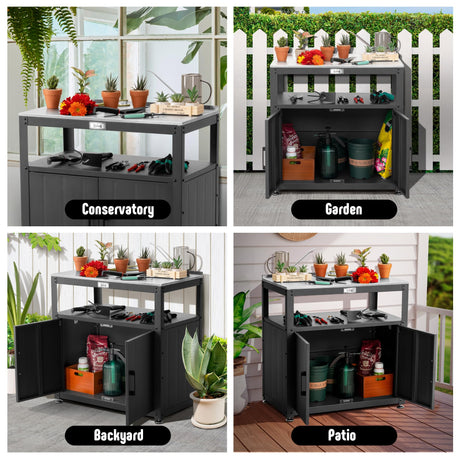 Feasto Garden Potting Bench with Storage Cabinet,Outdoor Gardening Table & Work Bench for Plants, Horticulture,Outdoor Workstation with Stainless Steel Tabletop,Outdoor Work Table Feasto