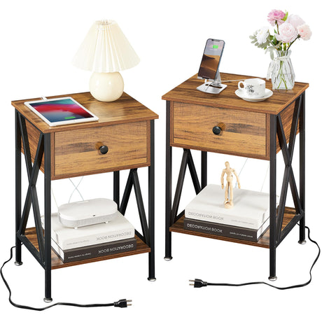 VECELO Nightstand, Bedside End Tables with Charging Station, USB Ports, Drawer Shelf, Night Stand for Bedroom Living Room 2-Pack, Brown VECELO
