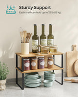 SONGMICS Cabinet Organizer Shelf, Set of 2 Kitchen Counter Shelves, Kitchen Storage, Spice Rack, Stackable, Expandable, Metal and Engineered Wood, Ink Black and Natural Beige UKCS200B01 SONGMICS