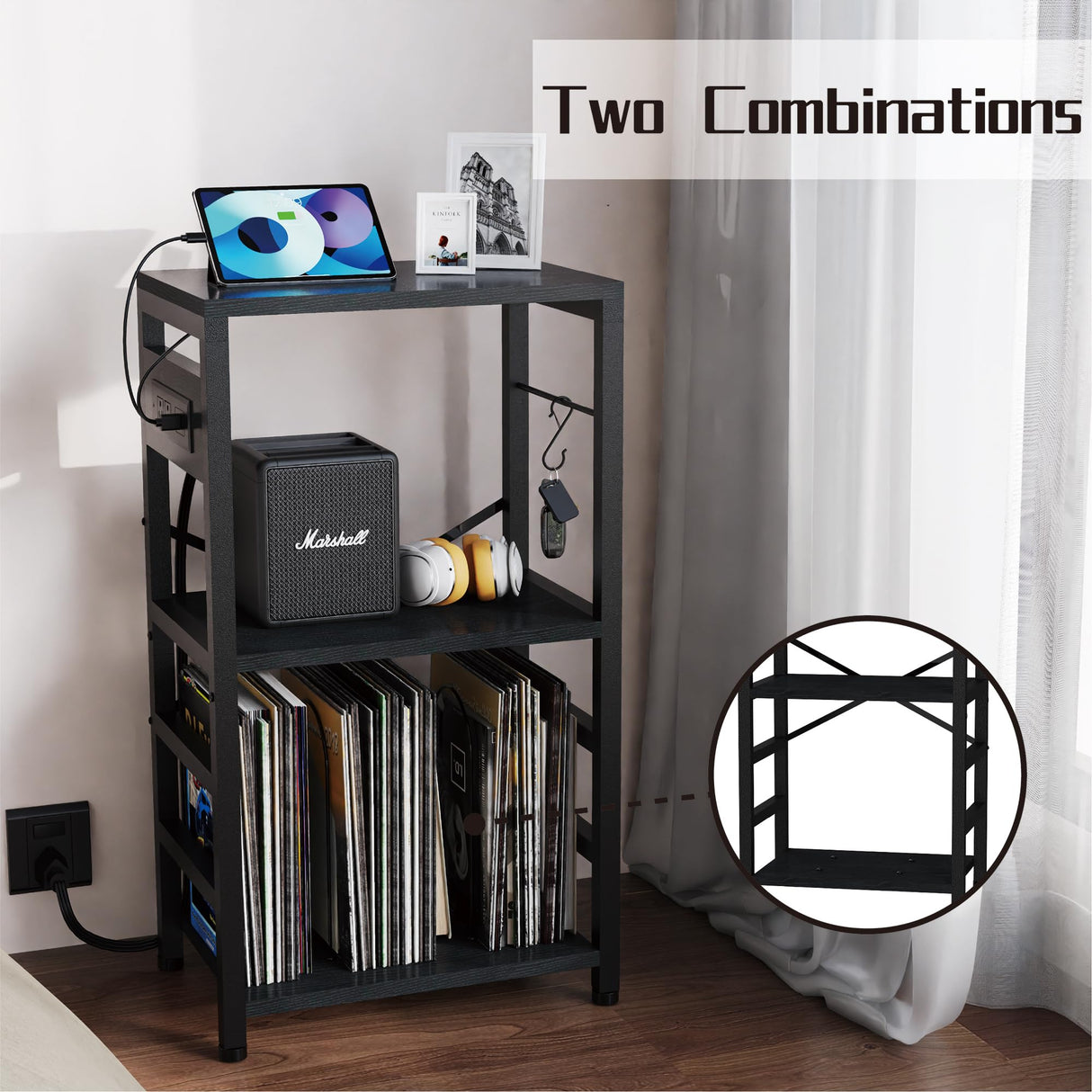 YAKANJ End Table with LED Light,Record Player Stand with Charging Station,Vinyl Records Storage,Turntable Stand Albums Storage for Music Room Studio-Industry Black YAKANJ