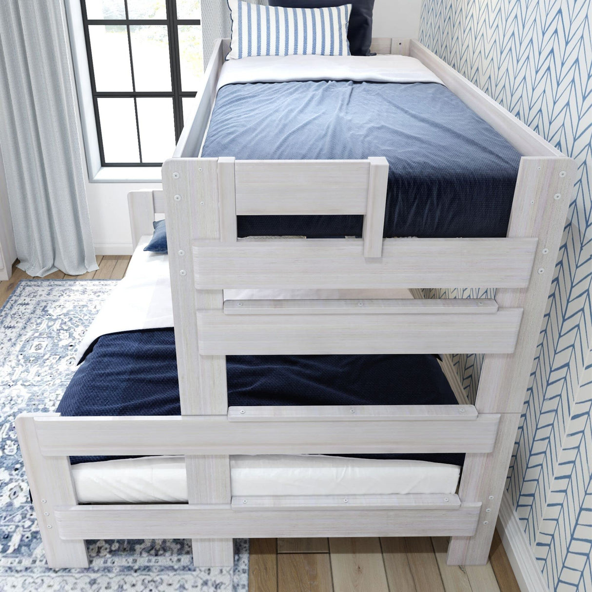 Plank+Beam Rustic Wood Bunk Bed, Solid Wood Twin XL-Over-Queen Bed Frame, Heavy-Duty Bunk Bed for Adults, No Box Spring Needed, White Wash Plank+Beam