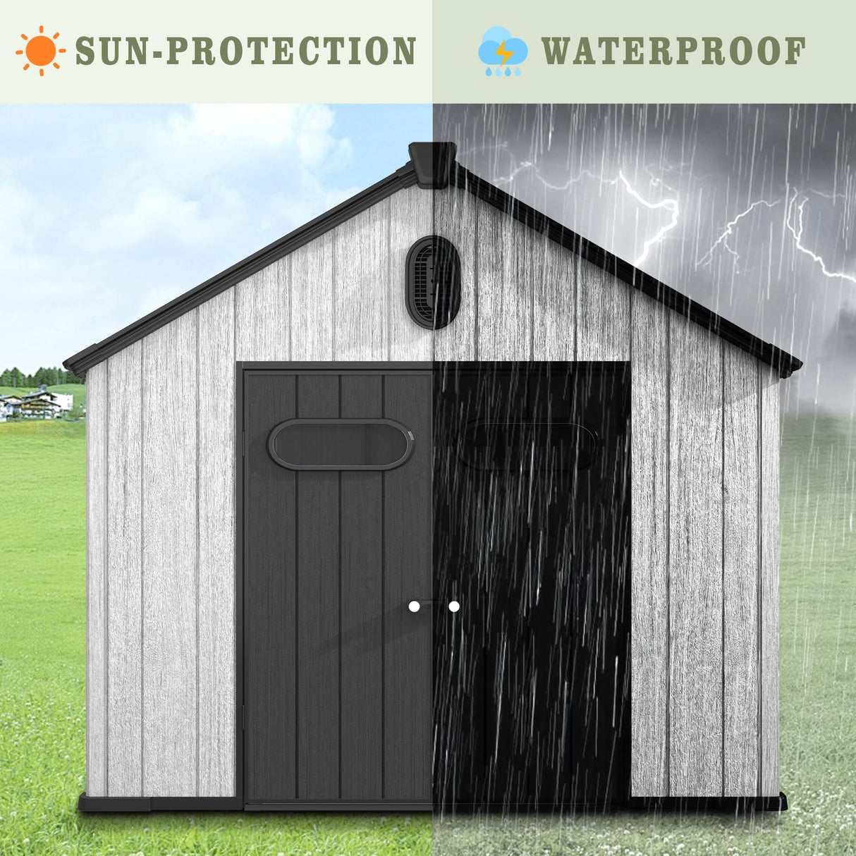 UDPATIO 8x10 FT Outdoor Storage Shed, Resin Plastic Shed with Floor Air Vents Side Windows Skylights Lockable Doors, Backyard Patio Garden, Grey UDPATIO