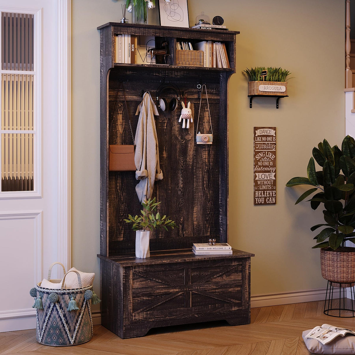 Maupvit Hall Tree with Storage Bench, 71" Entryway Bench with Coat Rack & Storage Cabinet, 4-in-1 Mud Room Organization with Seating, 5 Hooks, Retro Accent Coat Tree for Living Room, Rustic Dark Brown Maupvit