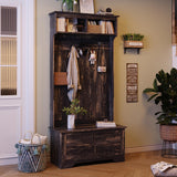 Maupvit Hall Tree with Storage Bench, 71" Entryway Bench with Coat Rack & Storage Cabinet, 4-in-1 Mud Room Organization with Seating, 5 Hooks, Retro Accent Coat Tree for Living Room, Rustic Dark Brown Maupvit
