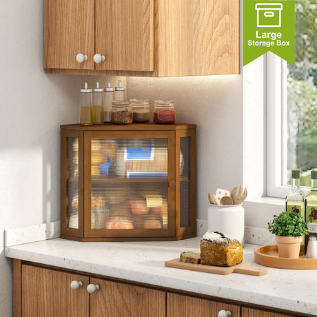 BMOSU Corner Bread Box for Kitchen Countertop Double Layer Bamboo Wooden Bread box Large Capacity Bread Storage Bin(Brown, Medium) BMOSU
