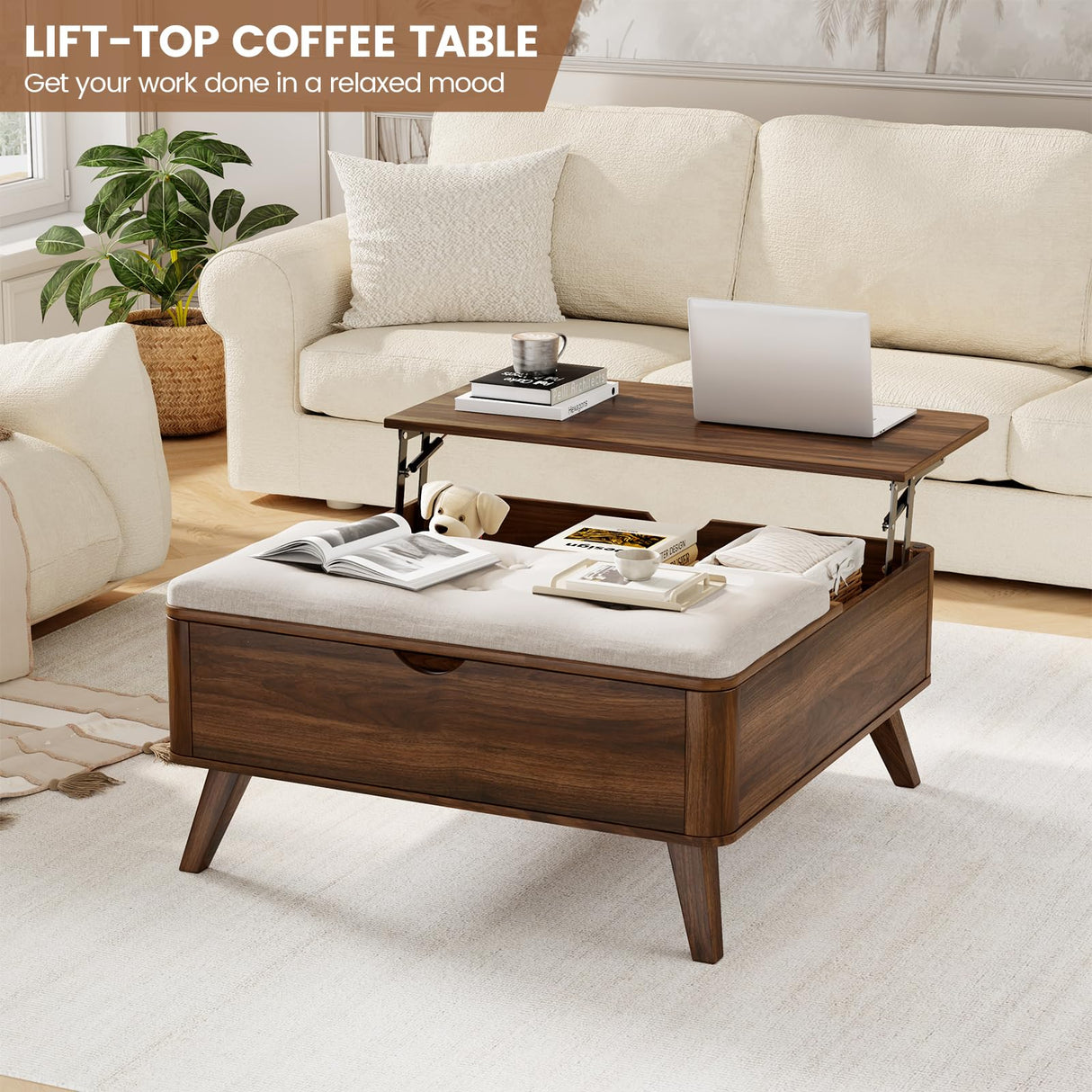 VOPEAK Storage Ottoman Coffee Table with Lift Top, Modern Square Coffee Table with Hidden Storage, Cotton and Linen Fabric Upholstered Ottomans, Cocktail Footrest Ottoman for Living Room, Walnut Brown VOPEAK