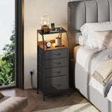 WLIVE Night Stand Set of 2 with Charger Station, Nightstand Sets with LED Light and 4 Storage Drawers, Tall Dressers for Bedroom, Bedside Tables with Fabric Bins, Wood Shelf, Metal Frame, Black WLIVE