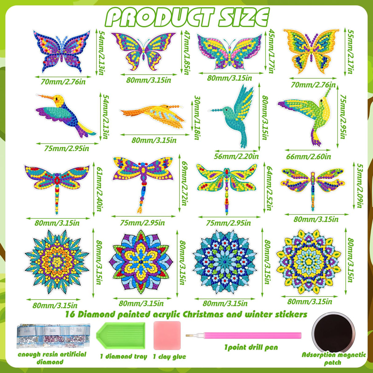 16 Pcs Summer Diamond Art Painting Magnets Butterfly Mandala Refrigerator Magnets Sticker Dragonfly Hummingbird Diamond Art Kits for Adults Summer Gift Fridge Copkim