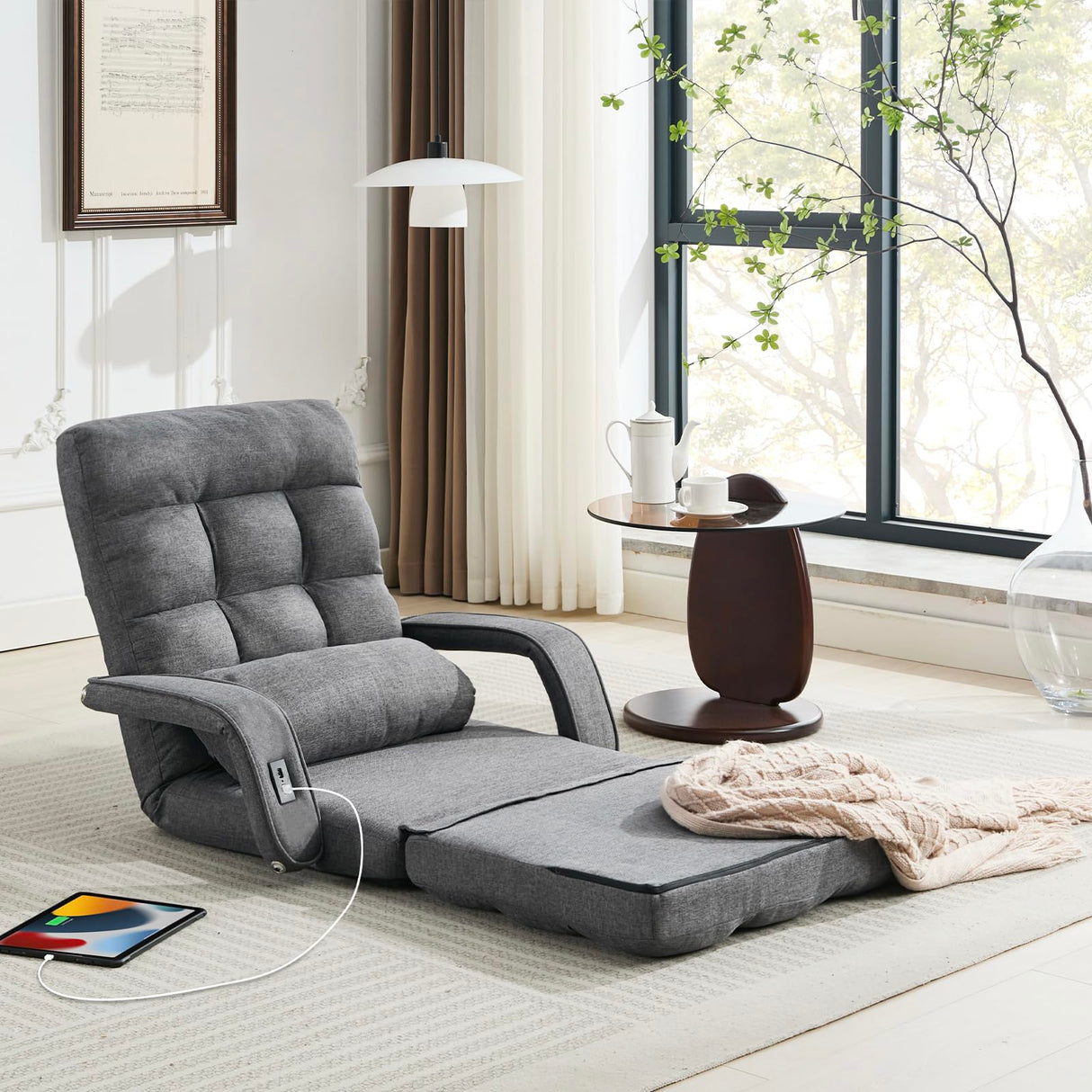 STHOUYN Folding Sofa Bed, Convertible Sleeper Chair Bed with USB, Floor Chair with 5-Position Adjustable Back Support, Small Comfy Couch for Bedroom Small Space, Cozy Chair, Apartment Dorm (Dark Grey) STHOUYN