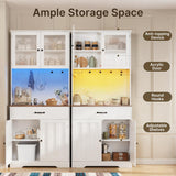 Gizoon 71" H Storage Cabinet with Strip Light, Kitchen Pantry Cabinet with Doors and Drawers, White Hutch with Charging Station and Adjustable Shelves, for Coffee Bar, Dining Room, Table Top-Retro Gizoon