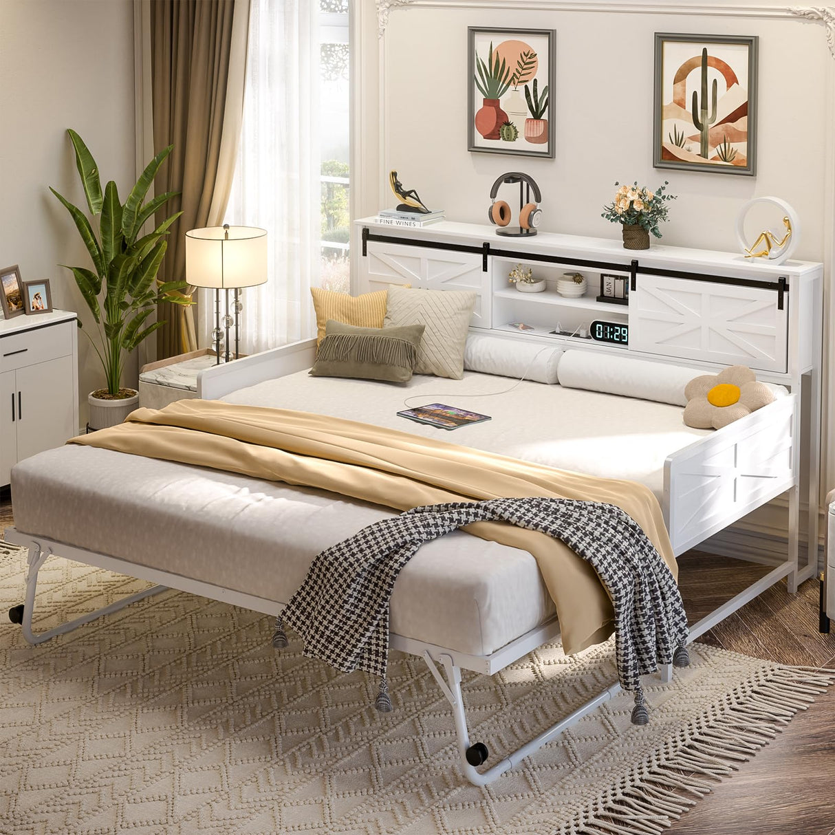 Homieasy Daybed with Trundle, Farmhouse Twin Day Bed with Bookcase Headboard and Charging Station, Heavy Duty Metal Sofa Bed Frame with Pop-up Trundle Bed for Living Room, Bedroom, White Homieasy