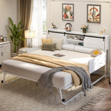 Homieasy Daybed with Trundle, Farmhouse Twin Day Bed with Bookcase Headboard and Charging Station, Heavy Duty Metal Sofa Bed Frame with Pop-up Trundle Bed for Living Room, Bedroom, White Homieasy